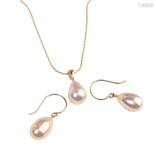 Cultured Pearl, 14k Yellow Gold Jewelry Suite.