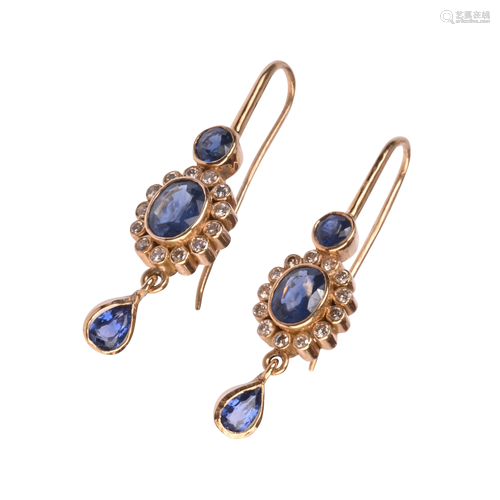 Pair of Sapphire, Diamond, 18k Yellow Gold Earrings.