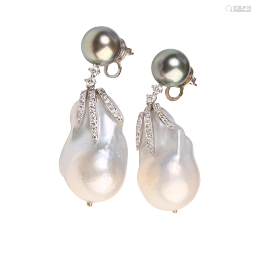 Pair of Cultured Pearl, Diamond, 14k White Gold