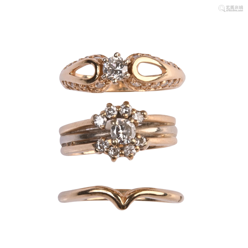 Collection of Three Diamond, 14k Gold Rings.