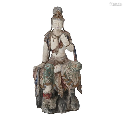 Tang Style Painted Wood Figure of Guanyin.