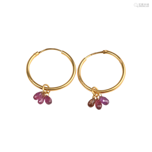 Pair of Ruby, 18k Yellow Gold Hoop Earrings.