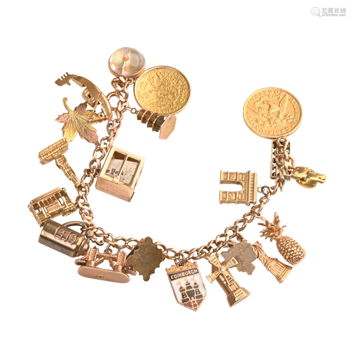 Enamel, Gold Charm Bracelet with Loose Charm.