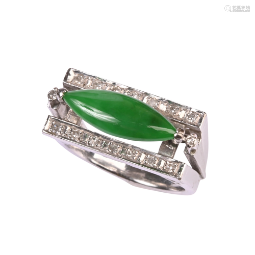 Jadeite Jade, Diamond, 18k White Gold Ring.