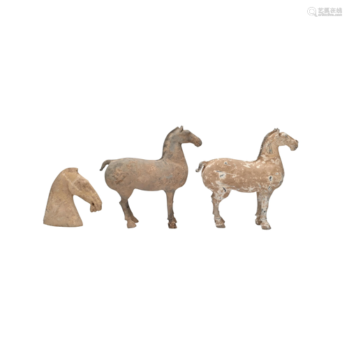 Three Han Dynasty Pottery Horse Figures.