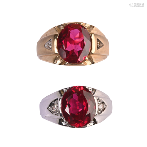 Two Synthetic Ruby, Diamond, Gold Rings.