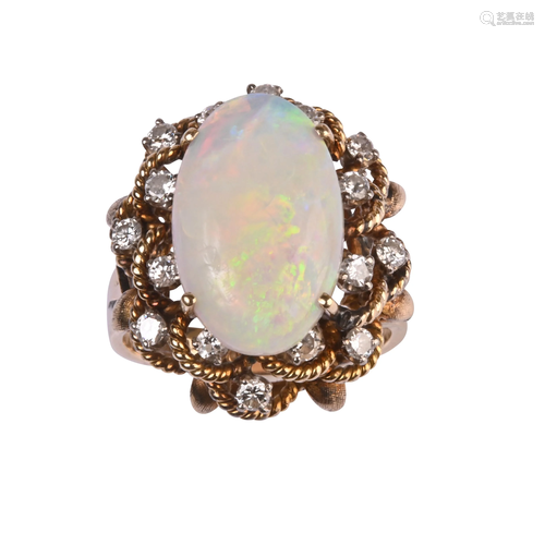 Opal, Diamond, 14k Yellow Gold Ring.