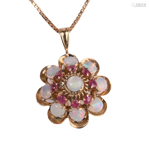 Opal, Ruby, 14k Yellow Gold Pendant Necklace.