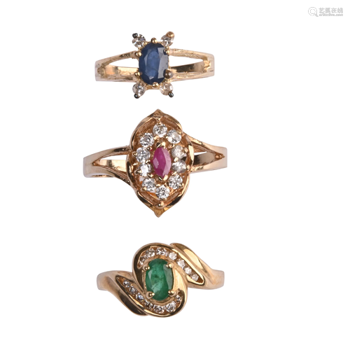 Collection of Three Multi-Stone, Diamond, 14k Yellow