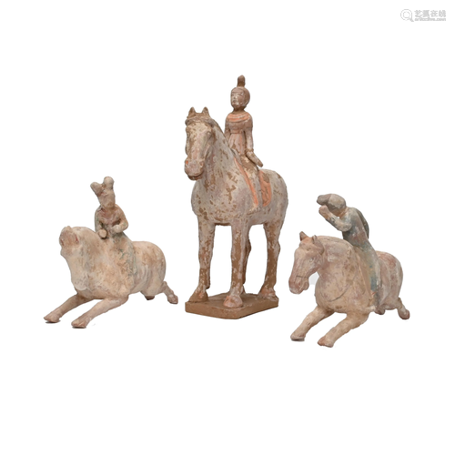 Three Tang Style Pottery Horseback Figures.