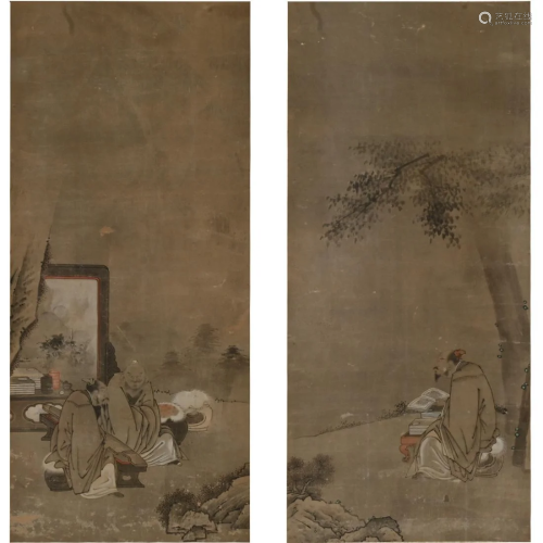 Pair of Japanese Painting Scrolls in Wood Box.