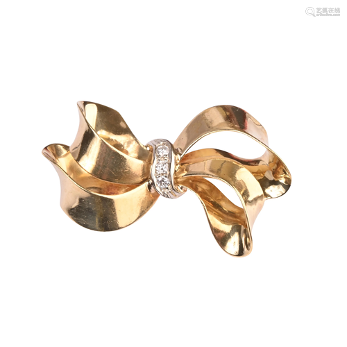 Diamond, 18k Yellow Gold Bow Brooch.