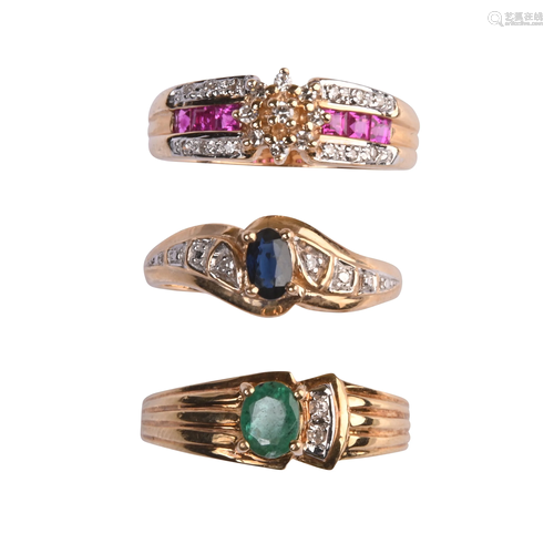 Collection of Three Multi-Stone, Diamond, 14k Yellow