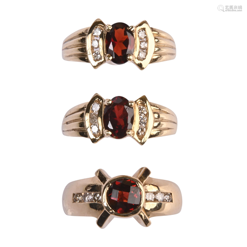 Collection of Three Garnet, Diamond, 14k Yellow Gold