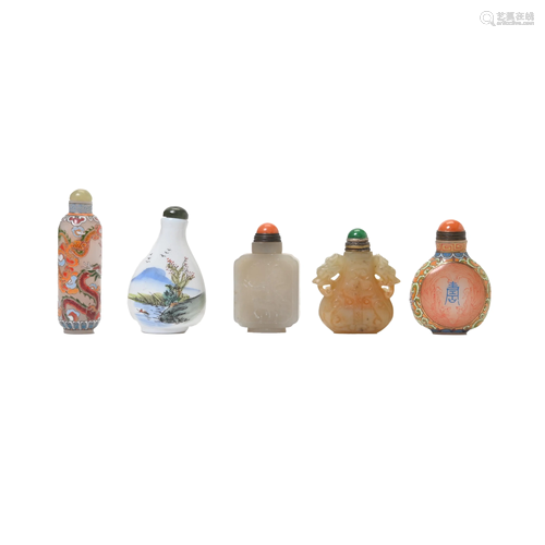 Five Jade and Glass Snuff Bottles.