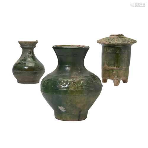 Three Chinese Green Glaze Pottery Items.