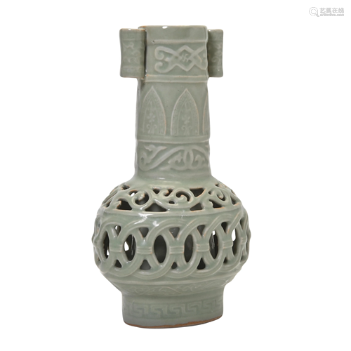 Chinese Longquan Celadon Reticulated Vase.