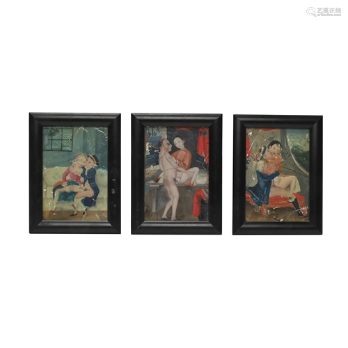 Three Framed Reverse Glass Paintings.