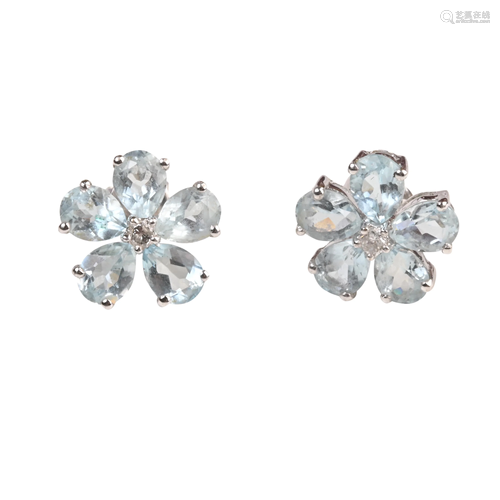 Pair of Diamond, Aquamarine, 18k White Gold Flower