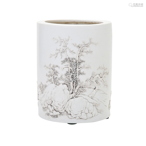 Chinese Carved White Biscuit Brush Pot.