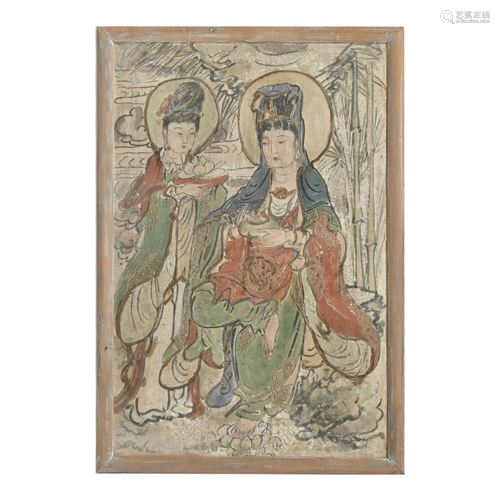 A Framed Chinese Painted Fresco Panel.