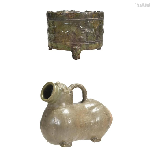 Two Han Glazed Pottery Footed Vessels.