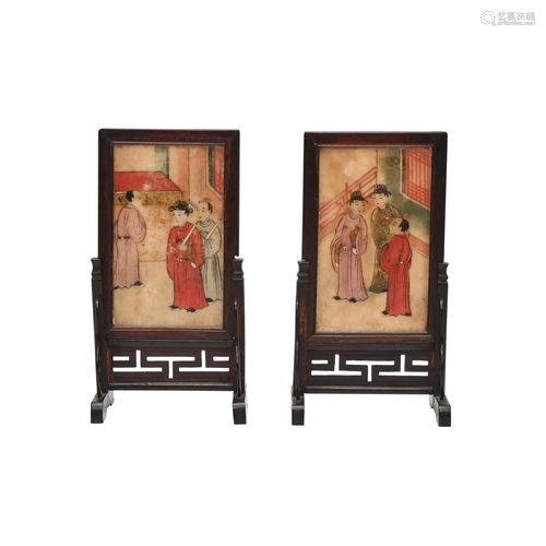 Pair of Chinese Painted Marble Table Screens.