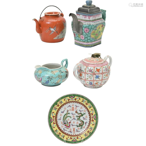 Four Chinese Porcelain Teapots and a Plate.