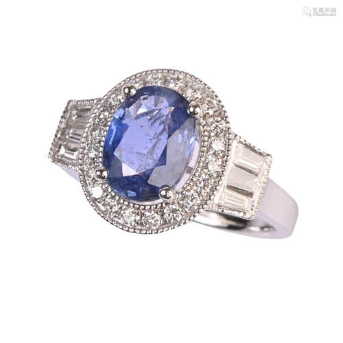 Sapphire, Diamond, Platinum Ring.