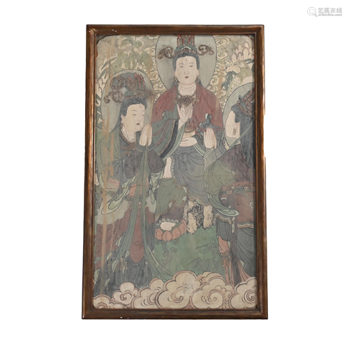 A Large Chinese Tang Style Fresco Panel.