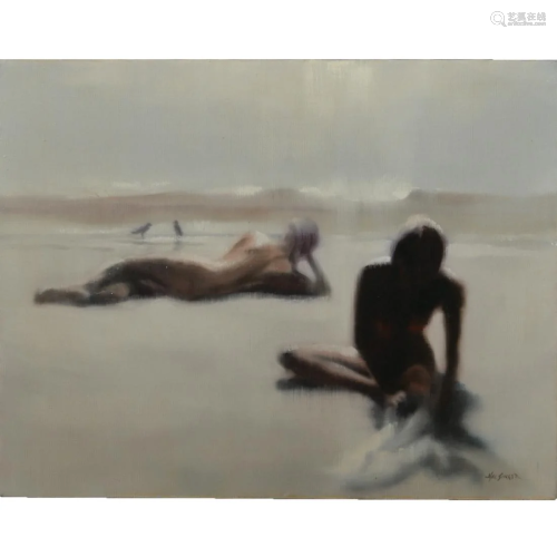 Hal Singer, Two Nudes on the Beach, oil on canvas