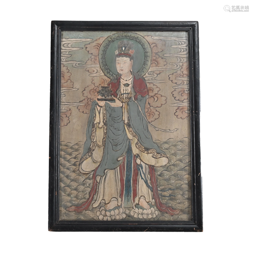 Framed Chinese Temple Wall Fresco.