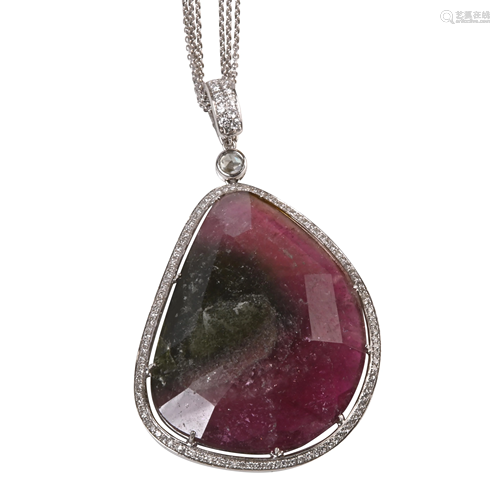 Watermelon Tourmaline, Diamond, 18k White Gold Pendant