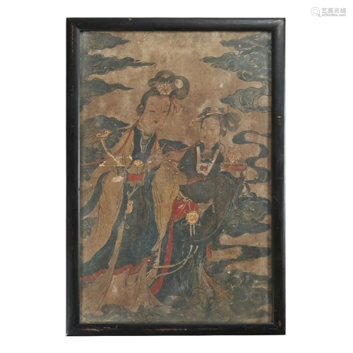 Framed Chinese Temple Wall Fresco of Female Deities.