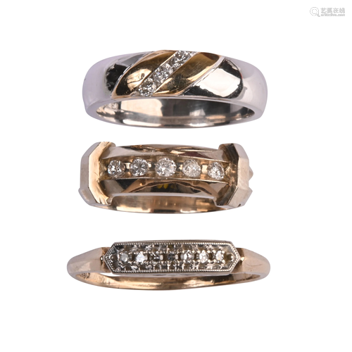 Collection of Three Diamond, 14k Gold Bands.