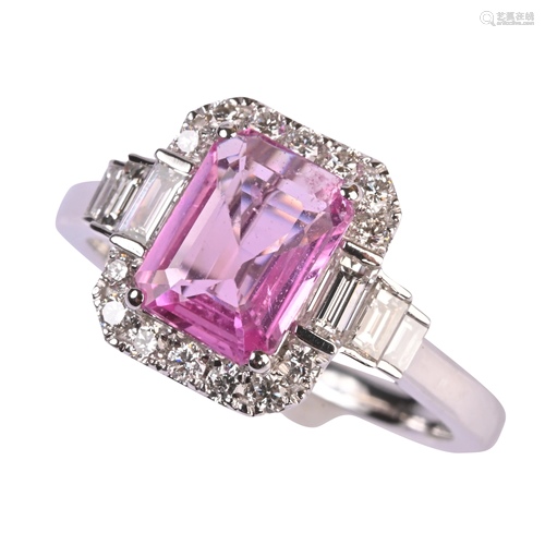 Pink Sapphire, Diamond, Platinum Ring.