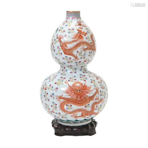 Famille Rose Porcelain Double-Gourd Form Vase.