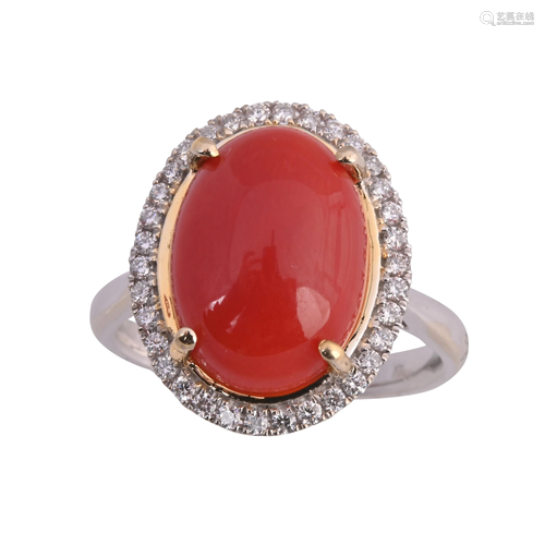 *Coral, Diamond, 14k Gold Ring.