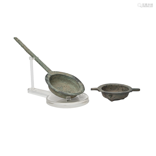 Archaic Bronze Ladle and Tripod Vessel.