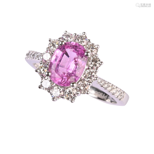 Pink Sapphire, Diamond, Platinum Ring.