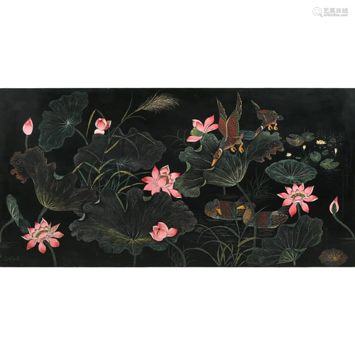 Le Thanh, Ducks, Flowers, and Waterlilies, laquered