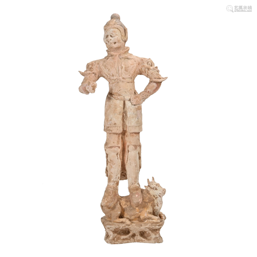 A Painted Pottery Figure of a Standing Warrior.