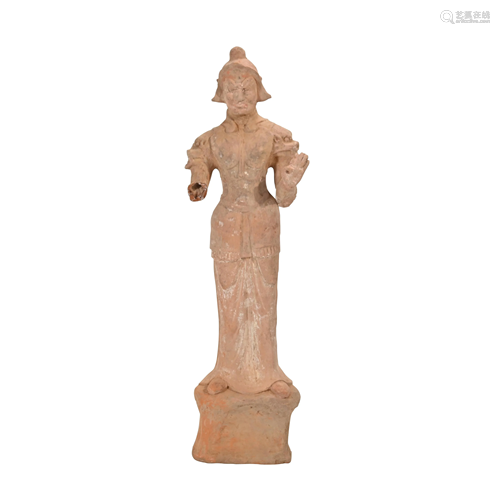 A Painted Pottery Figure of a Standing Warrior, Tang