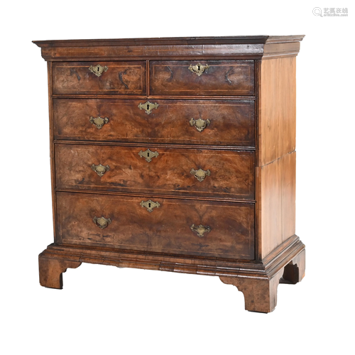 English George II Cased Burl Walnut Chest of Drawers.