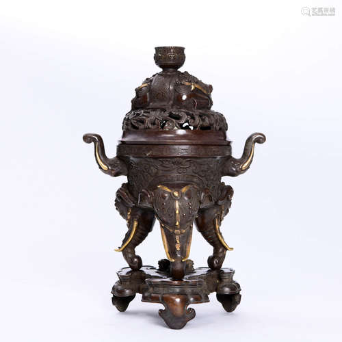 A Gilt-Inlaid Elephant-Eared Tripod Incense Burner