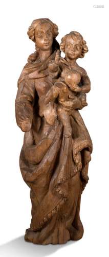 VIRGIN WITH CHILD，橡木雕刻。17世纪高99厘米（损坏和缺失部分）。