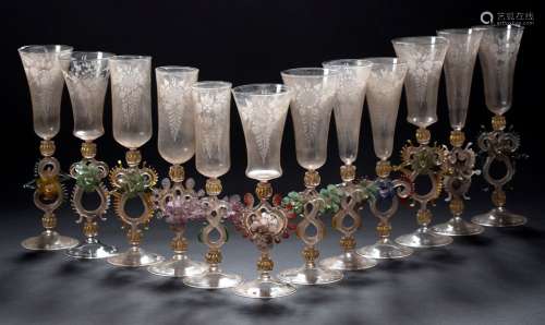 二件套吹制玻璃及水晶玻璃杯，圓錐形或鬱金香形，大底，多鉻色镂空軸...