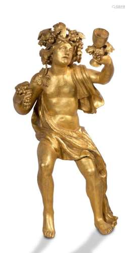 重要的雕刻和镀金的木雕中的BACCHUS坐像，带着藤枝花环和一个杯子...