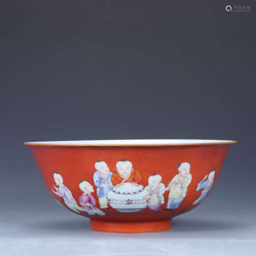 A Coral-Red Famille Rose Boys Playing Bowl