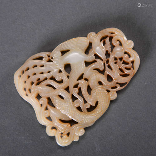 A Carved White Jade Dragon&Phoenix Plaque